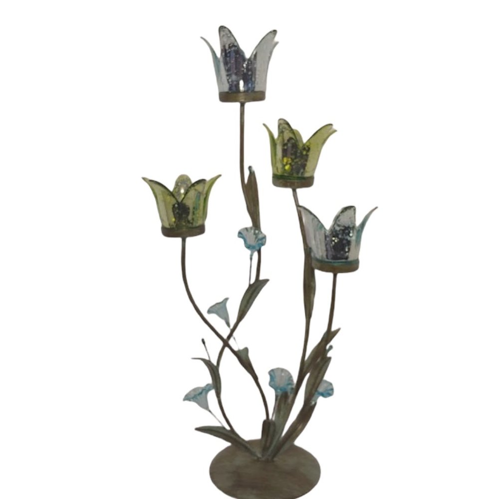 Hydrangea Decorative Tea Light Candle Holder.  16"x 7" Blue and Green Floral